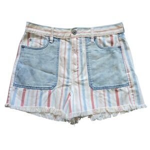 American Eagle Striped Jean Shorts Frayed Hem Distressed Pockets Size 10‎